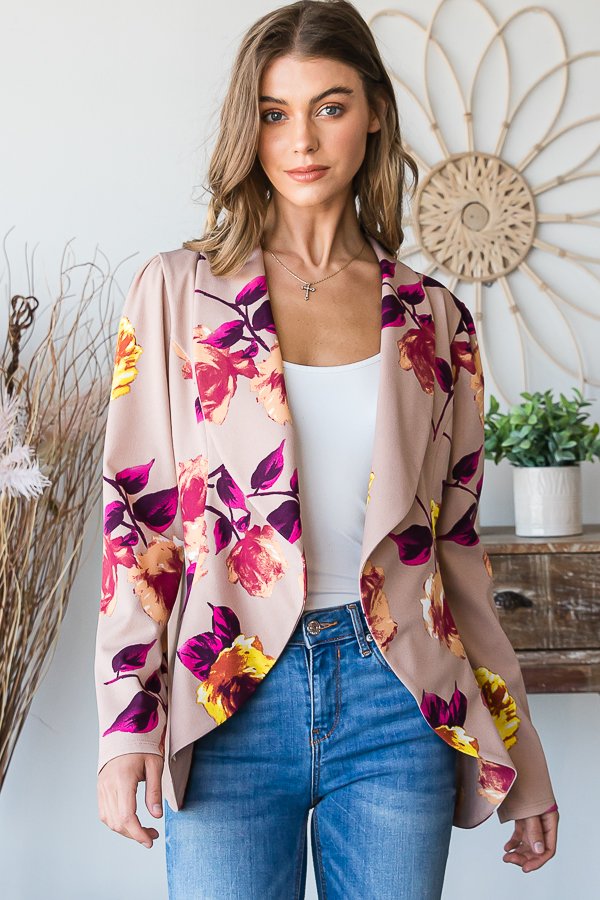 Stretchy Figure Flattering Blazer - Tan Floral